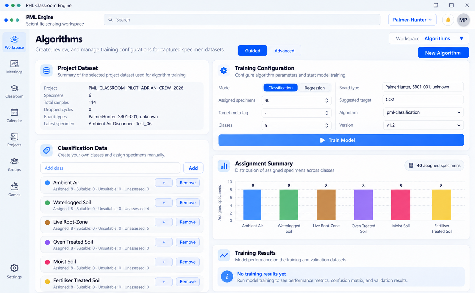 Algorithms workspace with classification and training settings