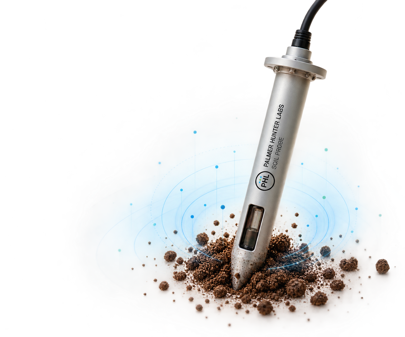 Palmer-Hunter Labs soil probe with a sensor window, cable, mounting flange and soil aggregates