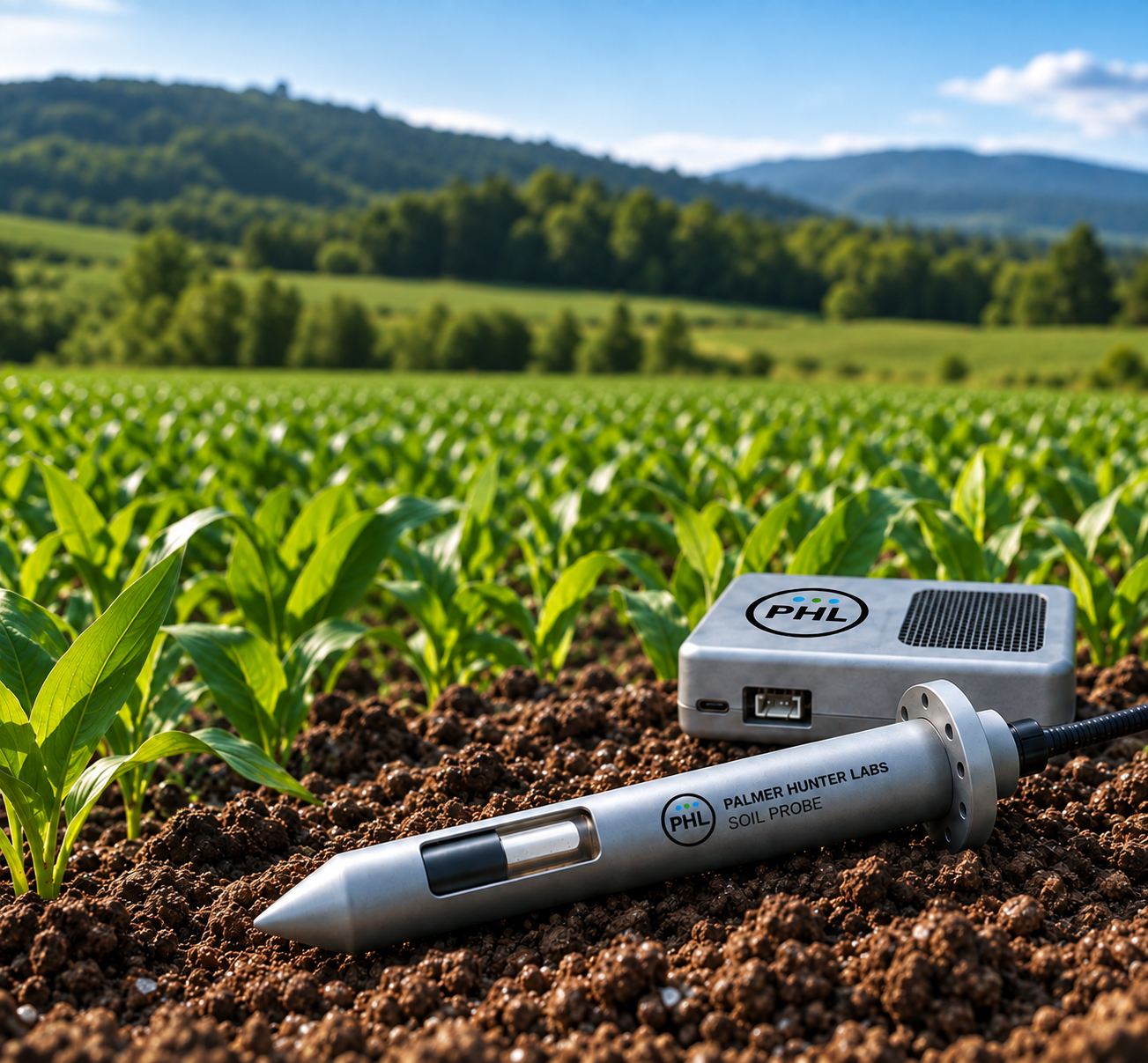 Concept visual of a Palmer-Hunter soil sensing probe and controller in an agricultural setting